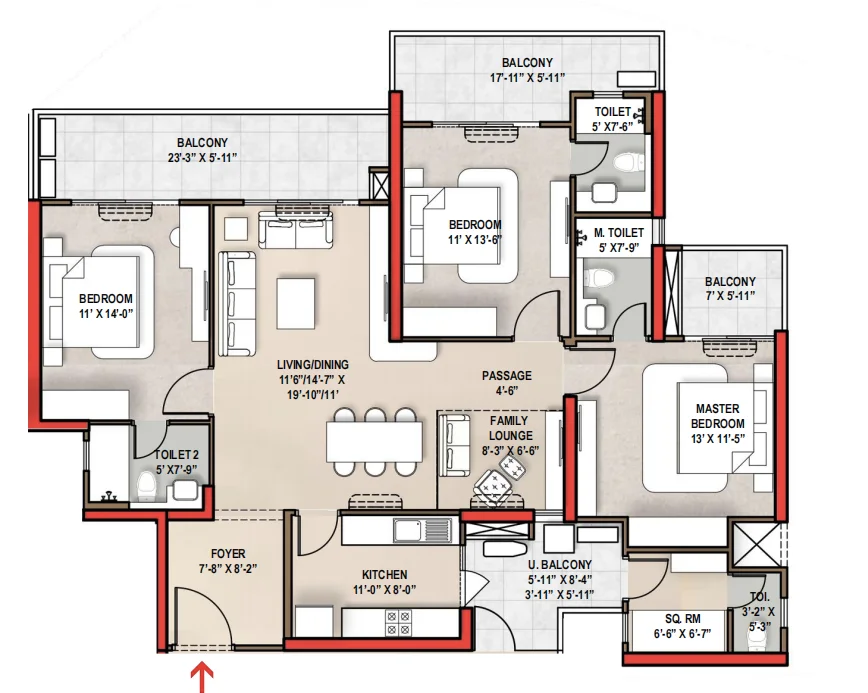 3 BHK Typical Floor Plan